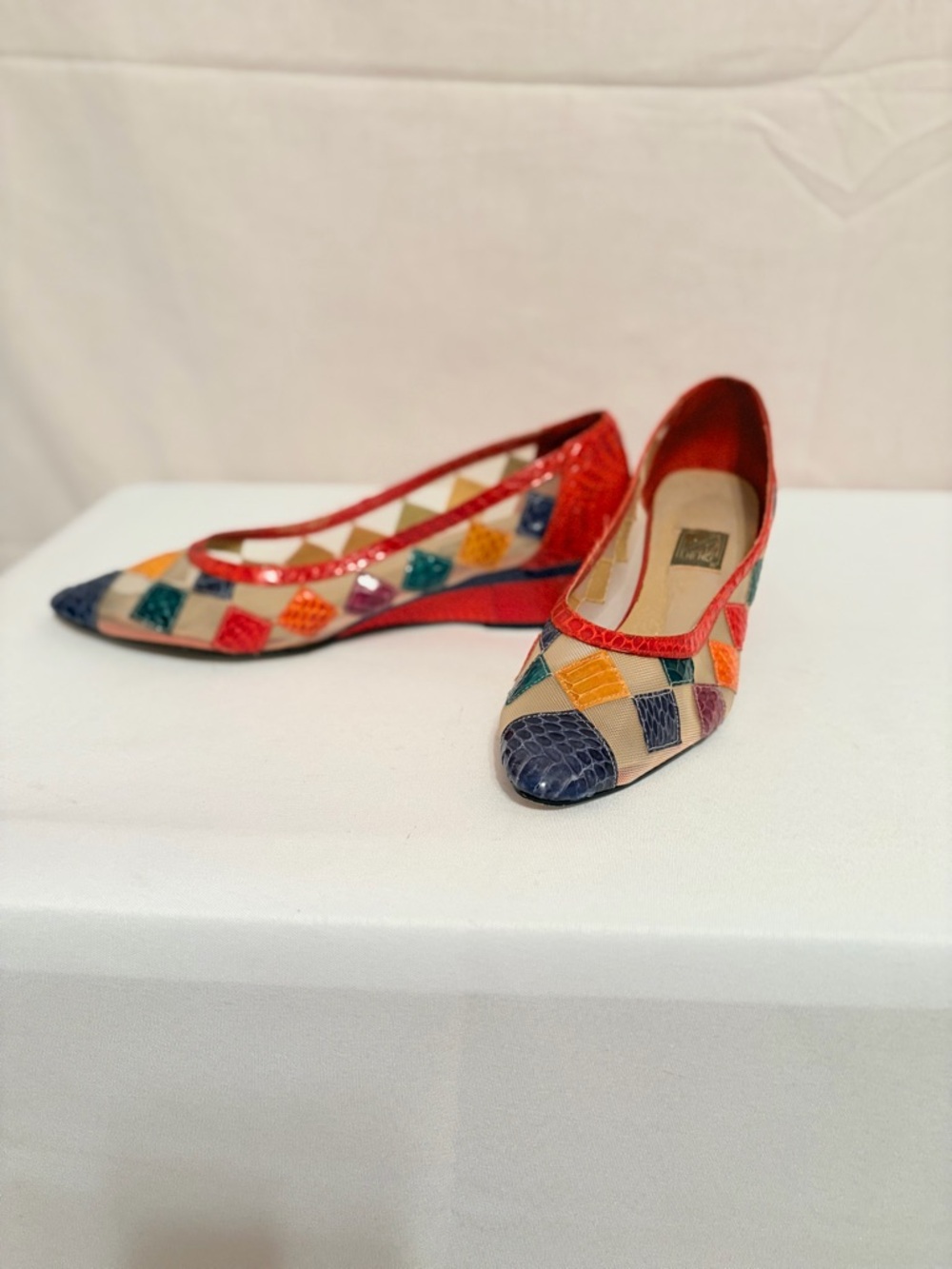 Multicolor Patchwork Pointed Toe Flats with Red Trim - Picture 2 of 9